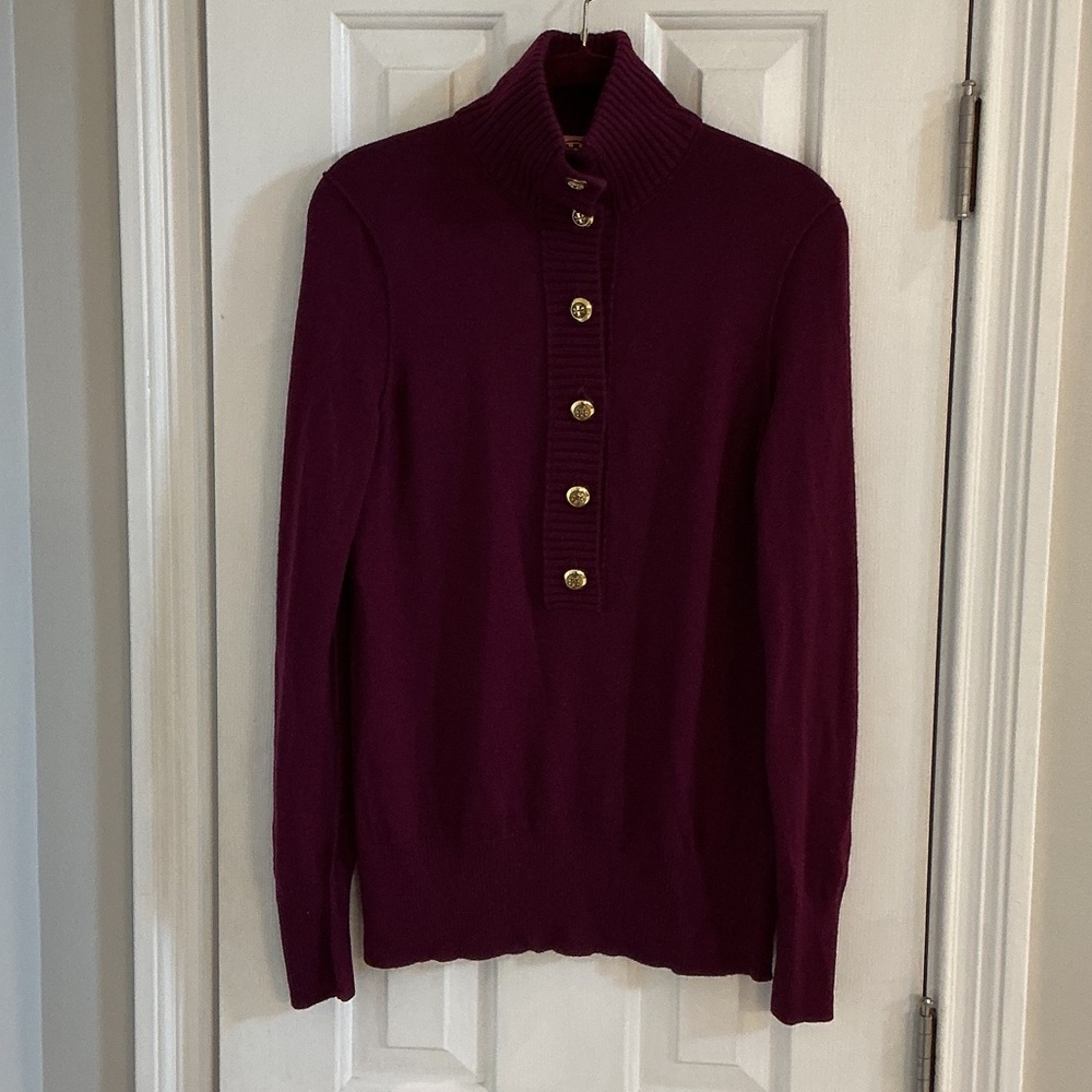 Tory Burch Dark Raspberry Wool/Cashmere Blend Sweater w/ Gold Logo Buttons - Picture 2 of 11